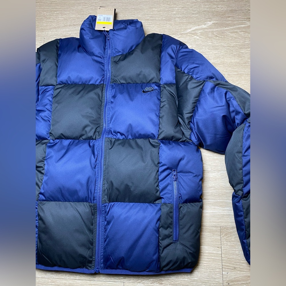 *NWT* Men Size SMALL Nike Club Puffer Checker Jacket Navy Blue Black FZ0865-410 - Picture 2 of 10